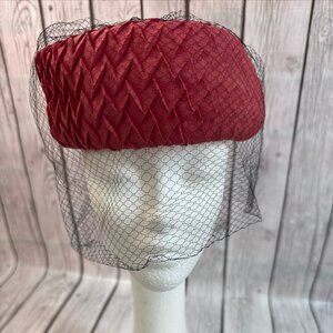 Vintage 1950s Coral Cocktail Hat w/ Black Veil | Mid Century Fascinator